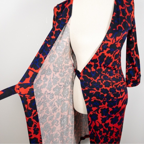Diane Von Furstenberg Julian Silk Jersey Wrap Dress Cheetah Floral Blue and Red - Picture 11 of 14